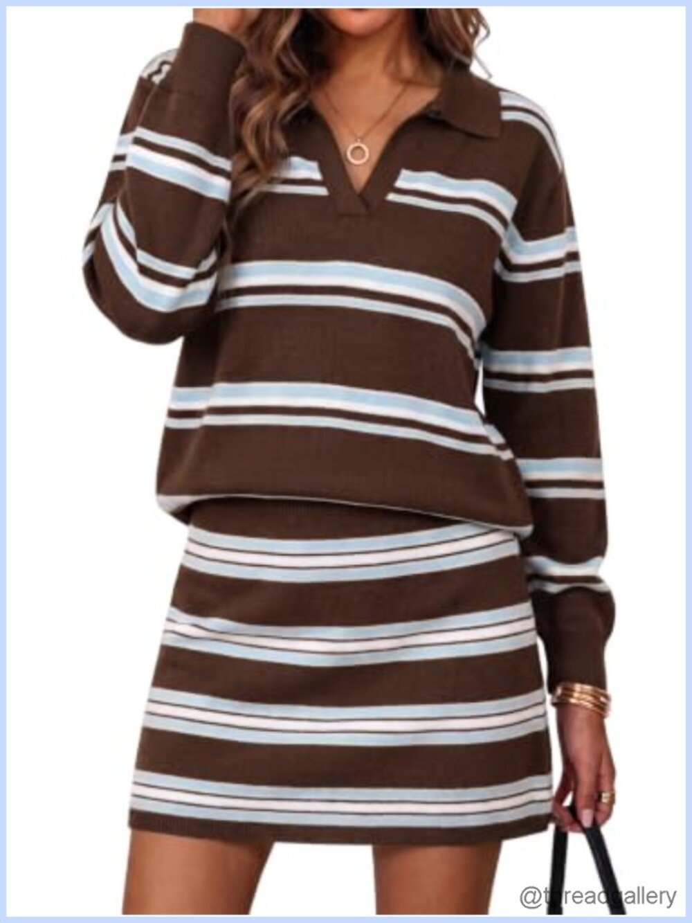 Womens Striped 2 Piece Outfit V Neck Top Mini Skirt Sweater Set